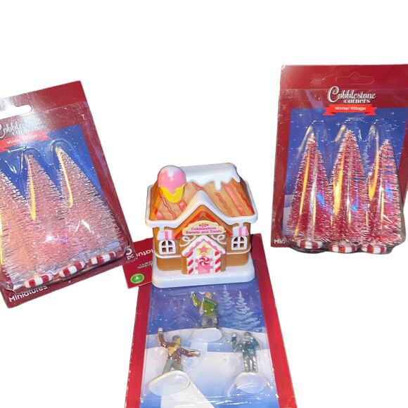 Nwt Christmas village miniatures and bottle brush peppermint trees - Picture 1 of 5